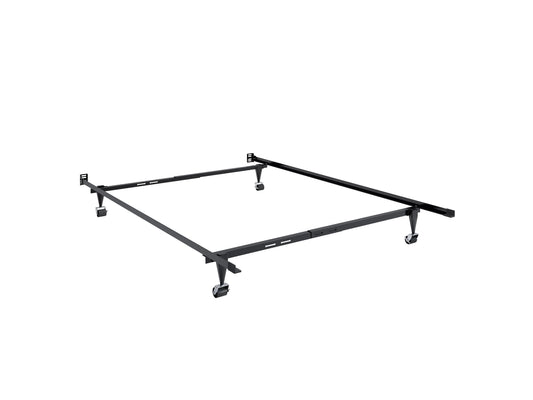 Adjustable metal bed frame in black finish, suitable for twin and full size mattresses, featuring sturdy steel construction with a sleek design and easy assembly.