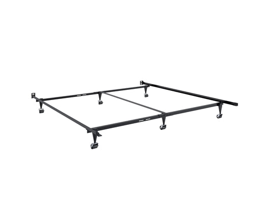 Adjustable metal bed frame in black, suitable for queen and king sizes, featuring sturdy construction with a sleek design, easy assembly, and durable support for a comfortable night's sleep.