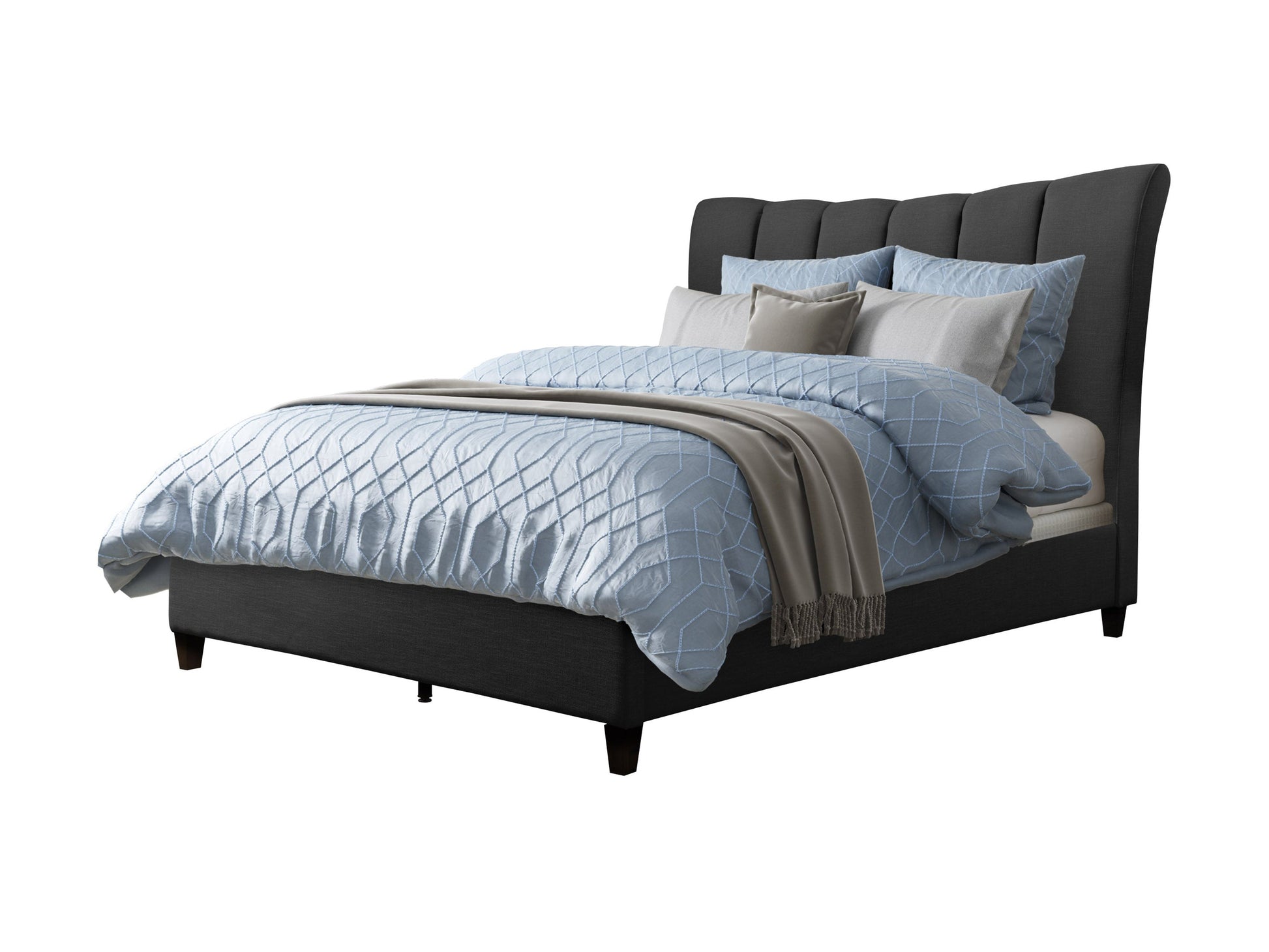 Dark grey channel tufted queen bed with plush fabric upholstery and sturdy wooden frame.