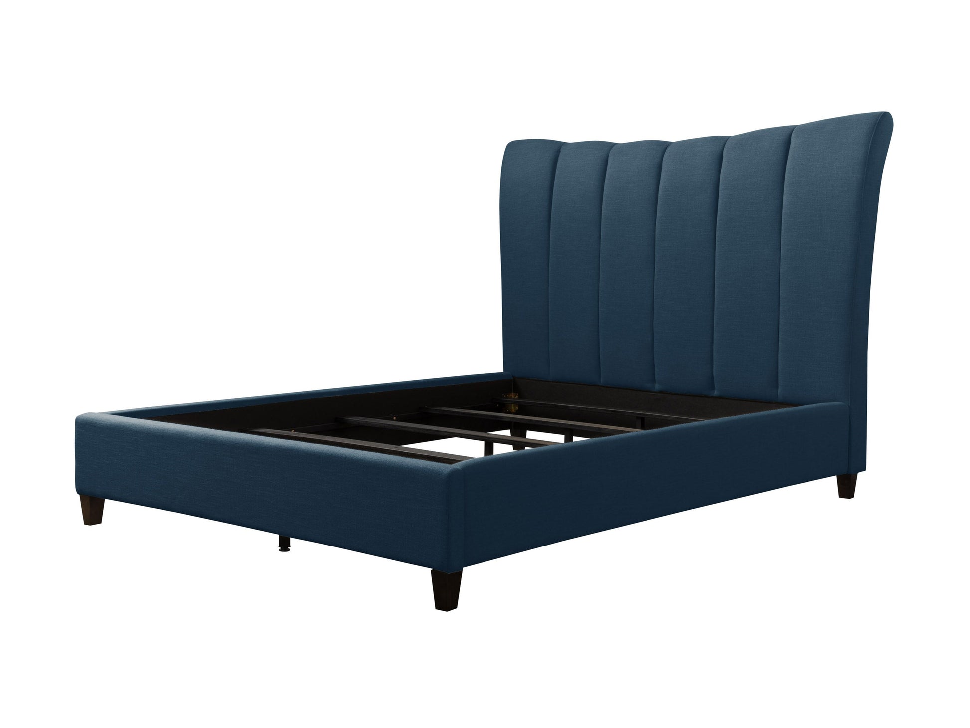 Navy blue channel tufted queen bed with plush velvet upholstery and sturdy wooden frame.