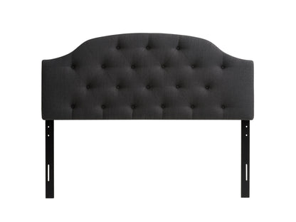 Dark grey diamond tufted headboard, full/double size, upholstered fabric, elegant bedroom furniture.