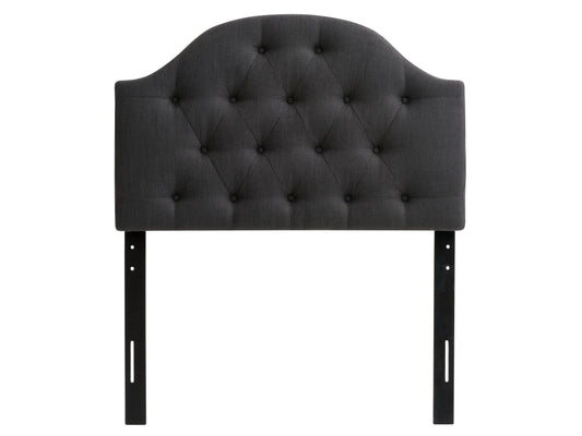 Dark grey diamond tufted headboard, twin/single size, elegant fabric upholstery, and classic design.