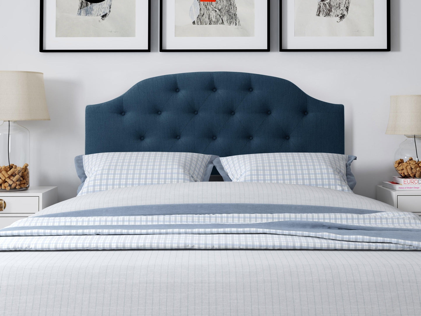 Navy blue diamond tufted headboard, full/double size, upholstered fabric with elegant design.