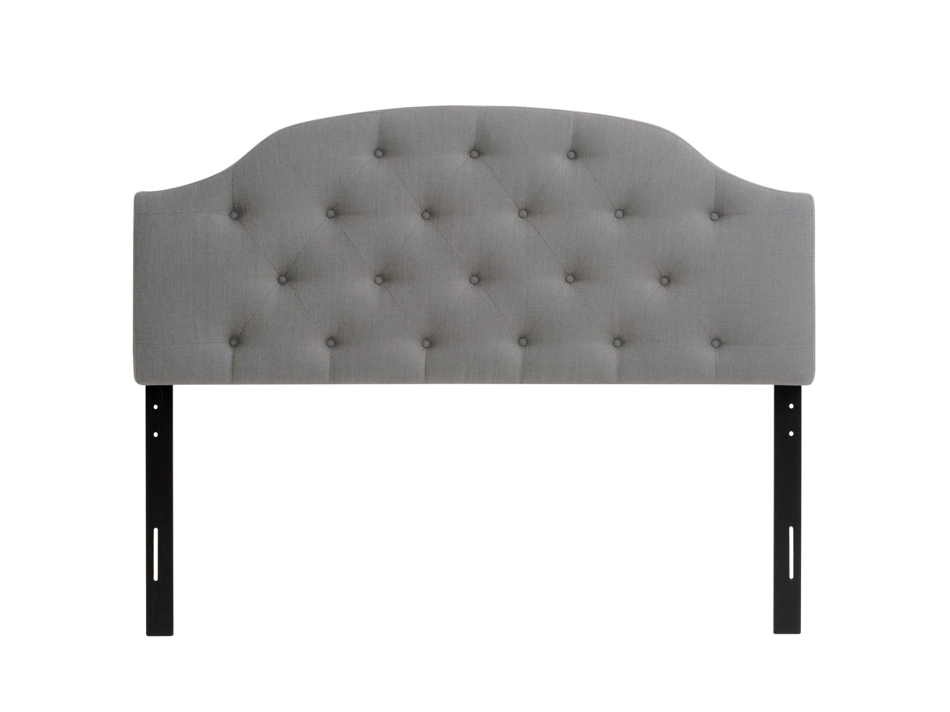 Light grey diamond tufted headboard, full/double size, upholstered fabric, elegant bedroom furniture.