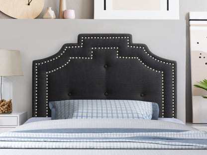 Dark grey padded twin headboard with tufted design and soft fabric finish.