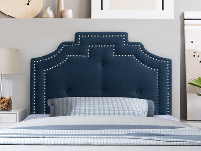 Navy blue padded twin headboard with tufted design, modern style, and soft fabric upholstery.