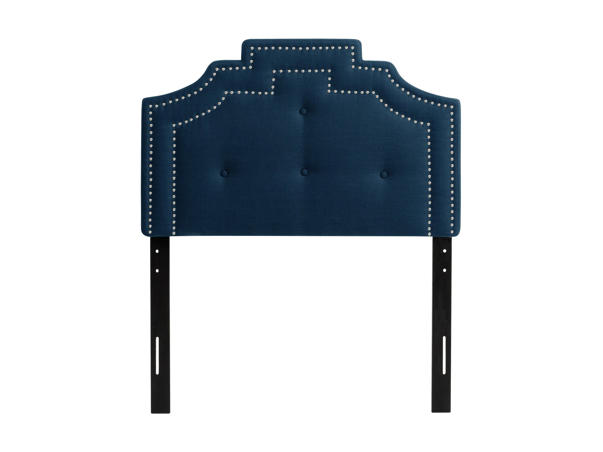 Navy blue padded twin headboard with tufted design and plush fabric upholstery.