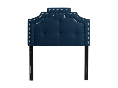 Navy blue padded twin headboard with tufted design and plush fabric upholstery.