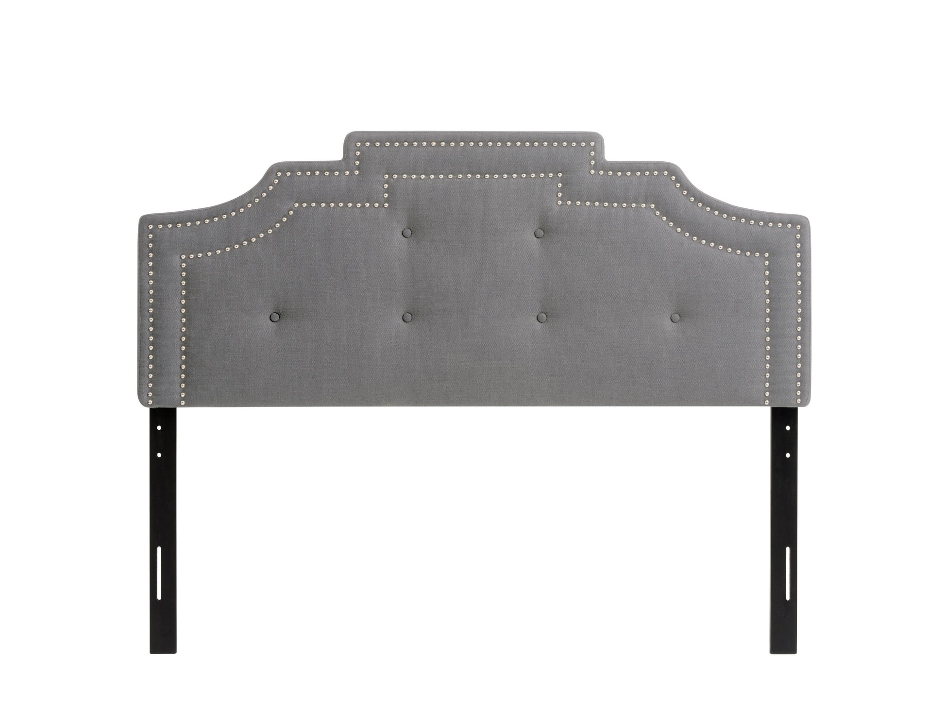 Light grey padded headboard, full/double size, upholstered fabric with tufted design, modern bedroom furniture.