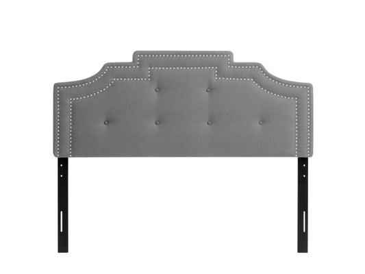 Light grey padded headboard, full/double size, upholstered fabric with tufted design, modern bedroom furniture.