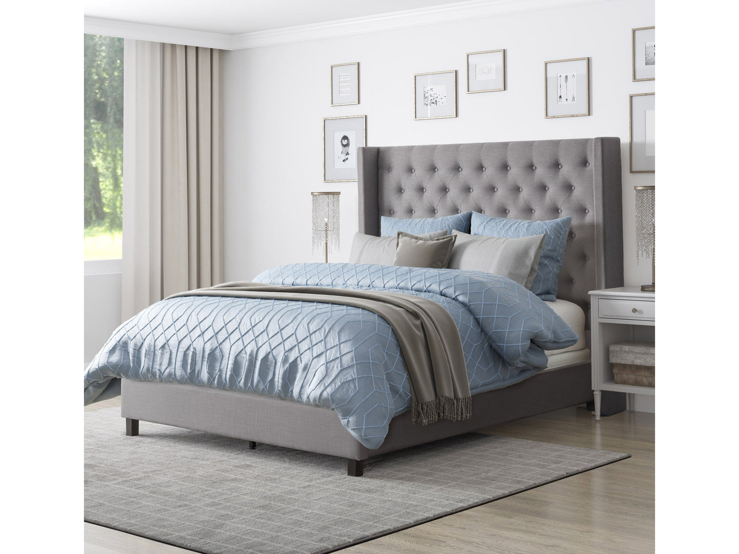 Grey tufted queen bed with upholstered headboard and wooden legs, modern bedroom furniture.