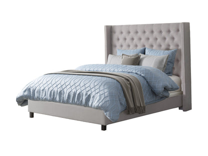 Tufted queen bed in grey fabric with wooden legs and elegant minimalist design.