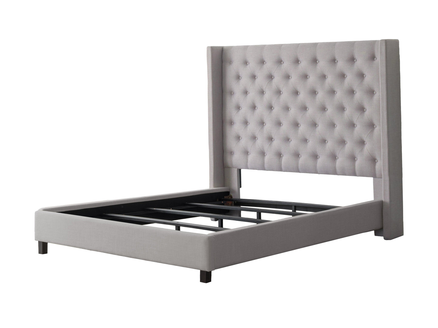 Grey tufted queen bed with fabric upholstery and wooden legs, modern minimalist design.