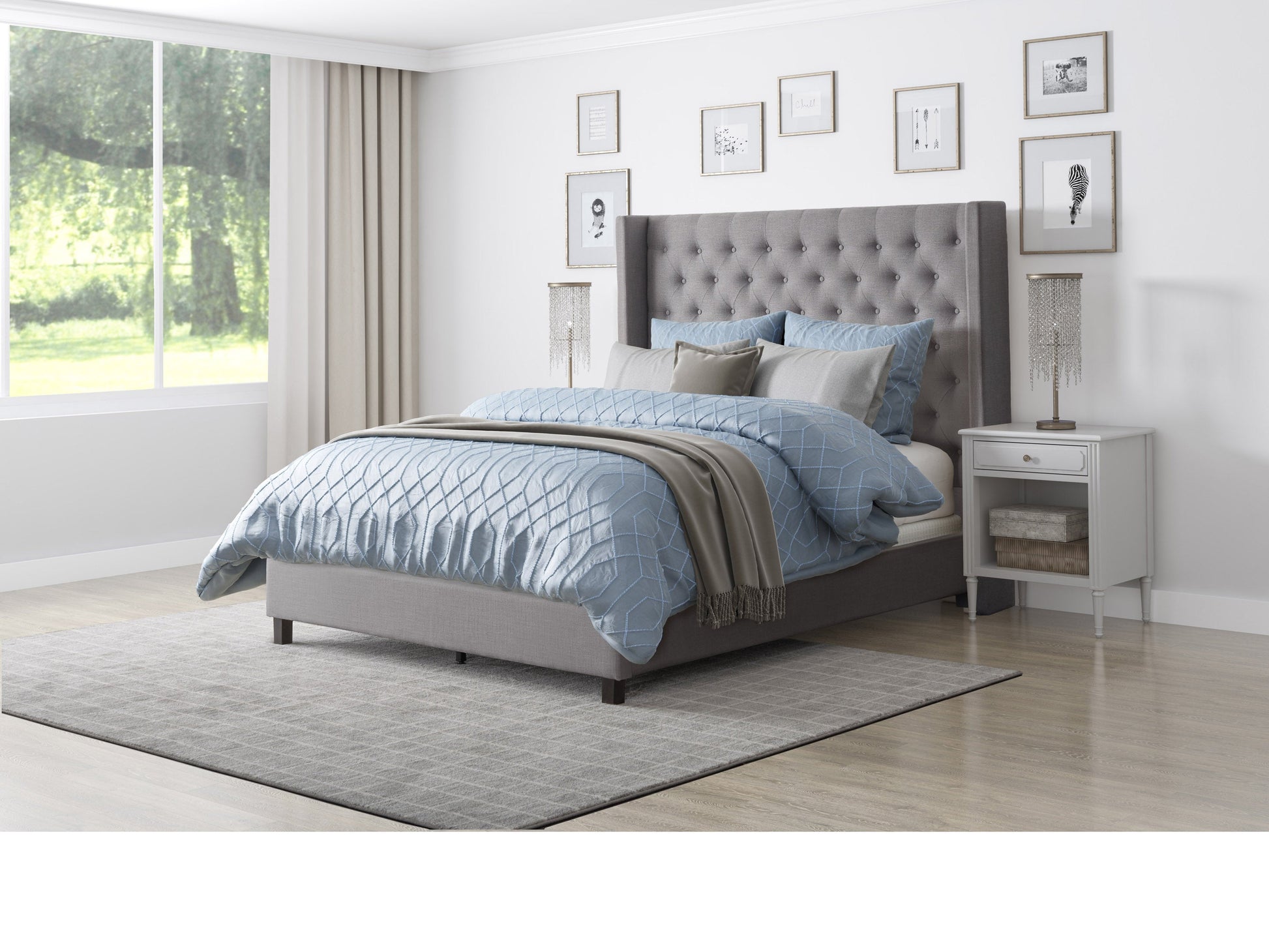 Grey tufted king bed with slats, upholstered fabric, wooden legs, and minimalist design.