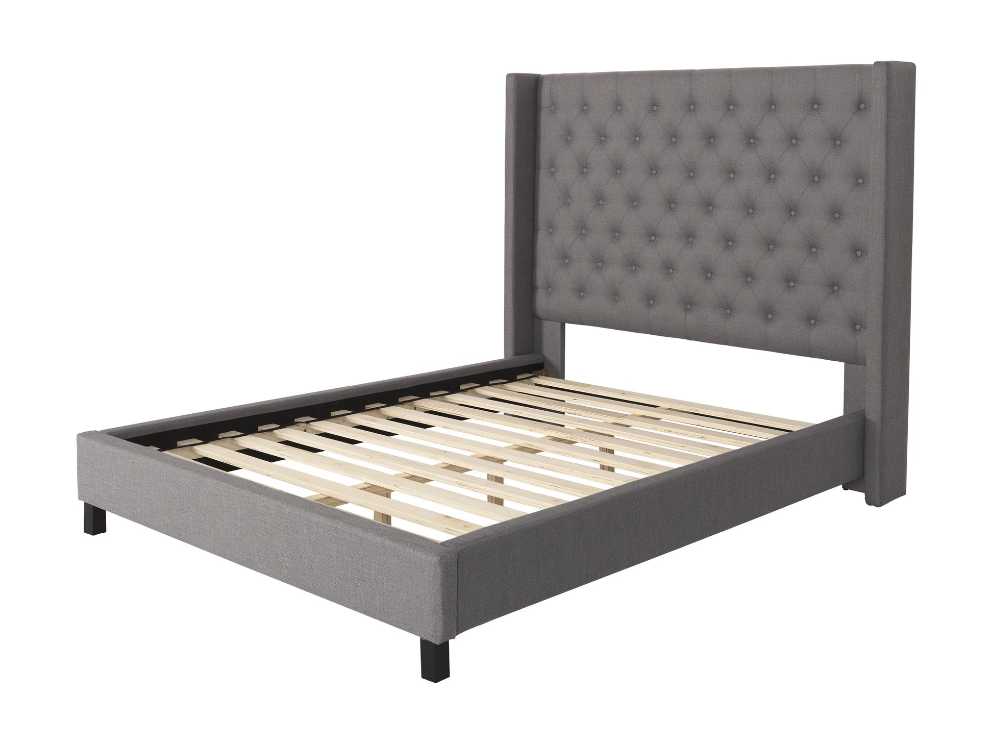 Grey tufted king bed with slats, upholstered fabric, wooden frame, and modern design.