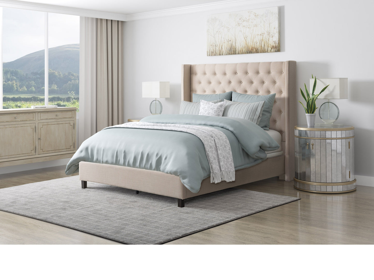 Cream tufted king bed with slats, upholstered headboard, and wooden legs - elegant and modern bedroom furniture.