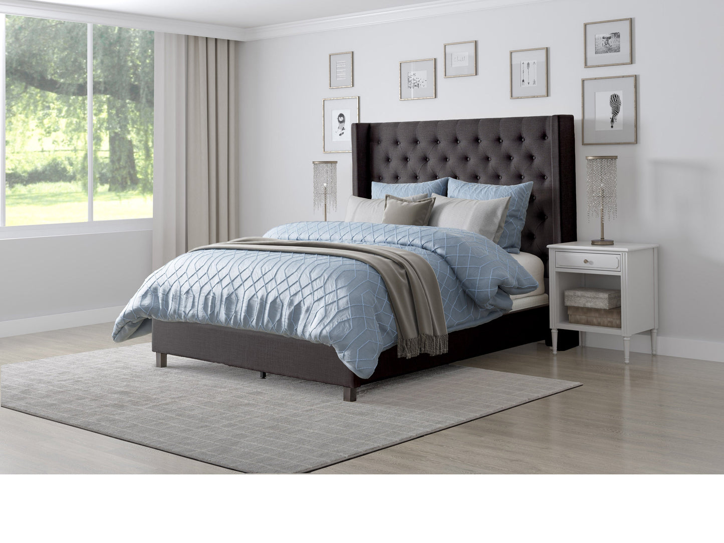 Dark grey tufted queen bed with slats, upholstered fabric, and sturdy wooden legs for a modern bedroom.