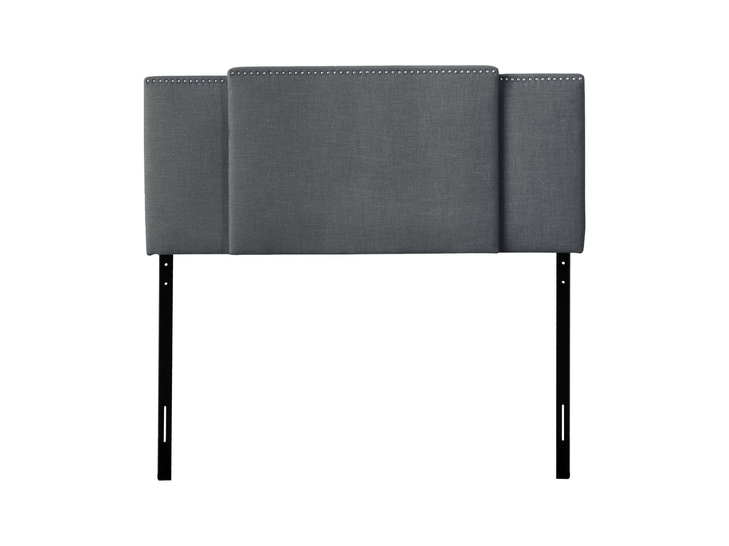 Adjustable dark grey fabric headboard with tufted design and sleek minimalist style.