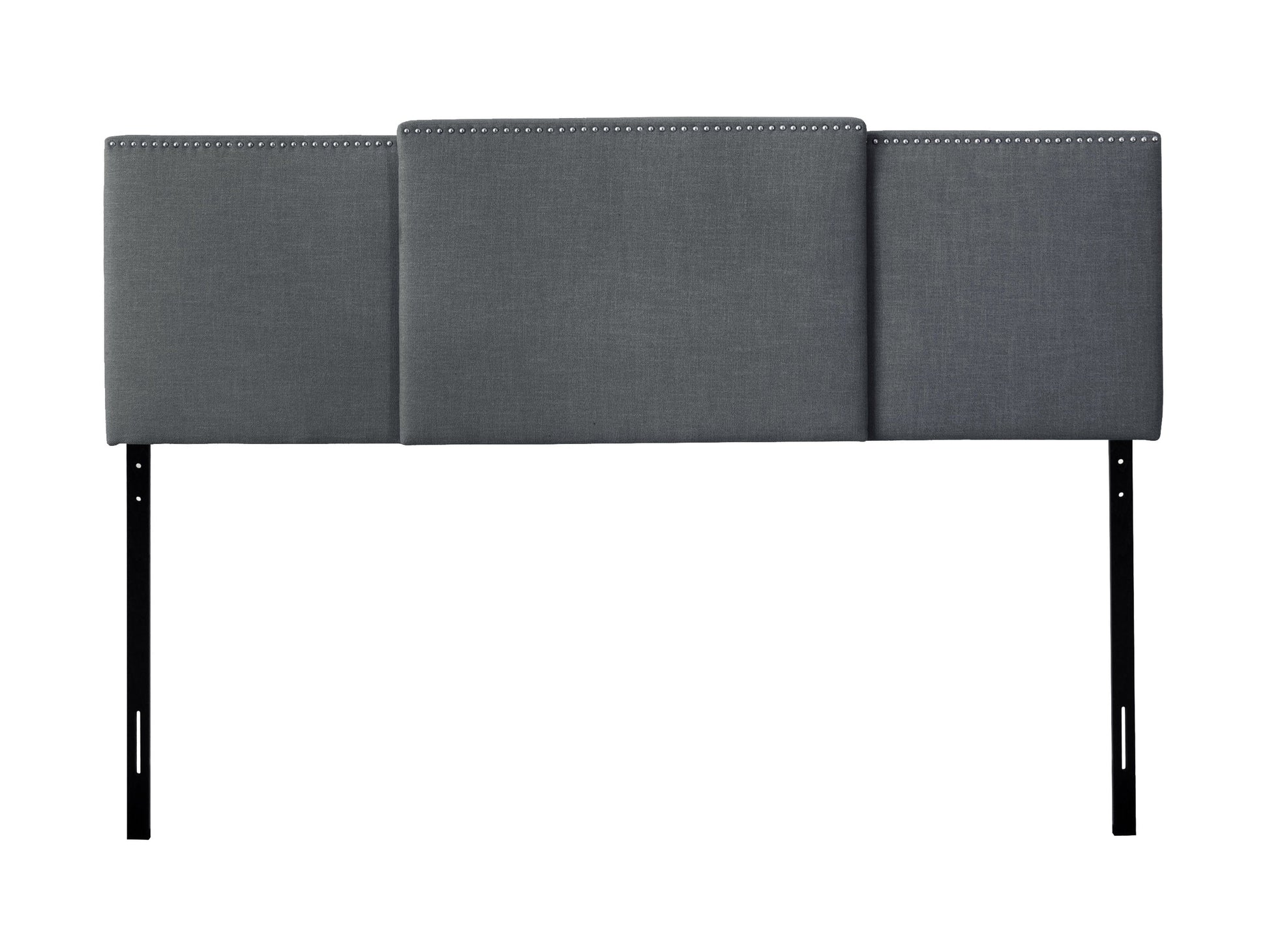 Dark grey adjustable headboard with tufted fabric and sleek modern design.