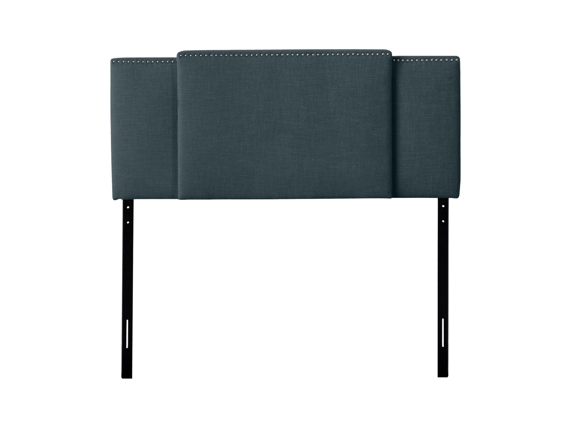 Blue adjustable headboard with linen upholstery, tufted design, and wooden legs.