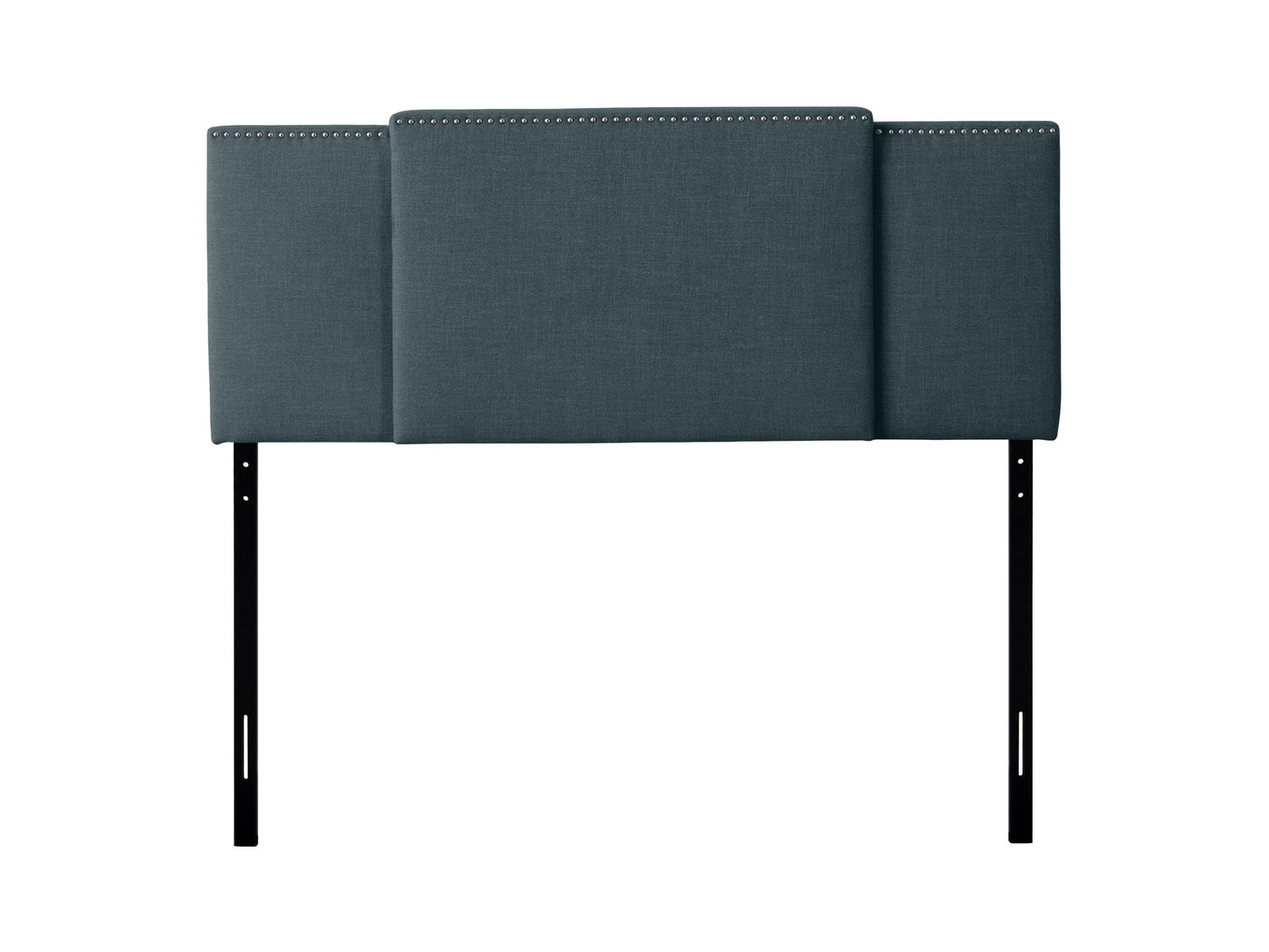 Blue adjustable headboard with tufted fabric, modern design, and sleek wooden legs.