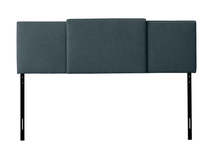 Blue adjustable headboard with tufted fabric, sleek design, and sturdy construction for modern bedrooms.