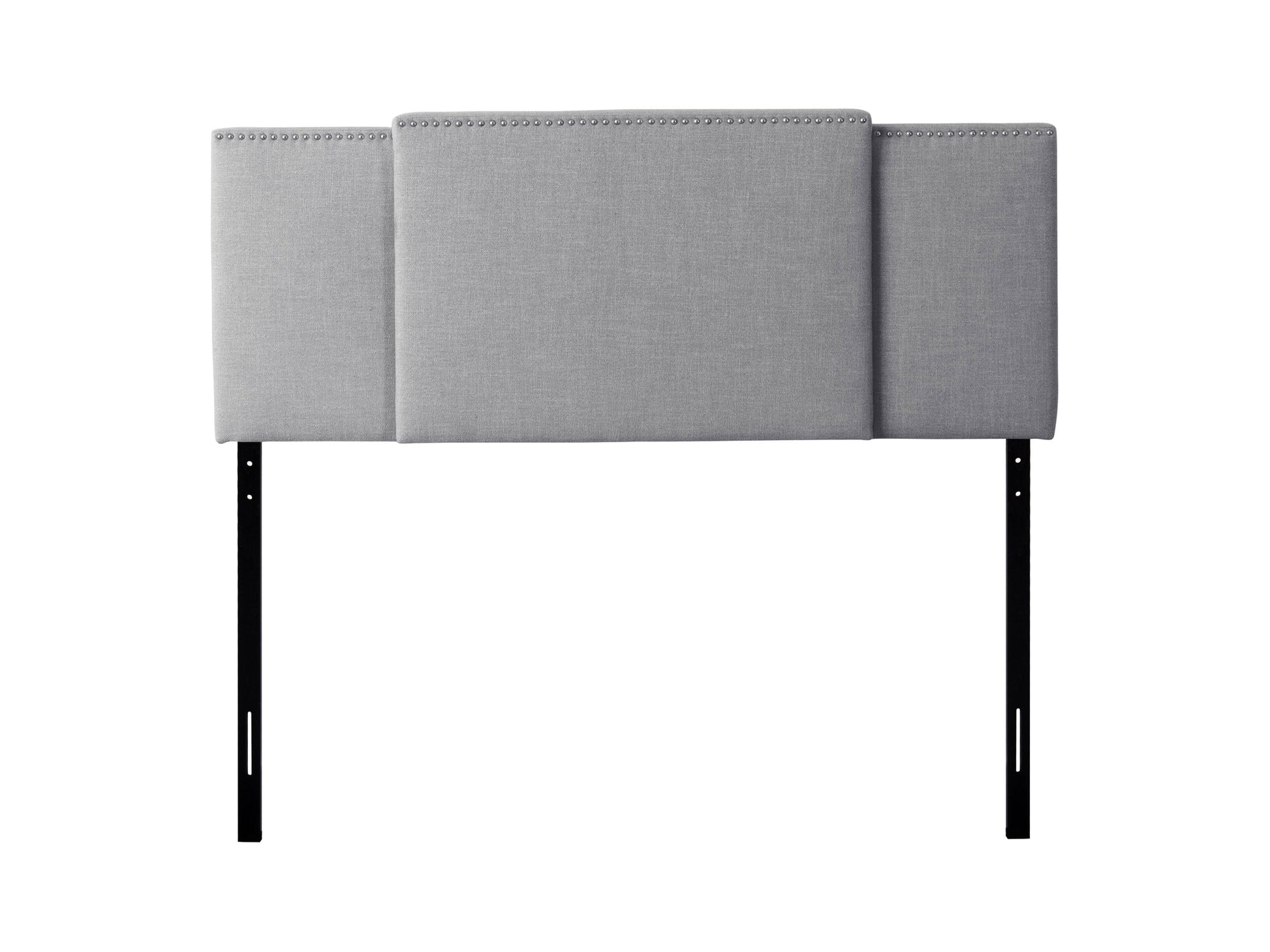 Adjustable grey fabric headboard with tufted design and minimalist style for modern bedrooms.