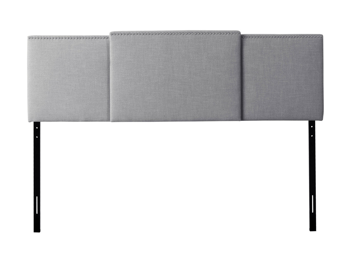 Adjustable grey fabric headboard with tufted design and sleek modern style.