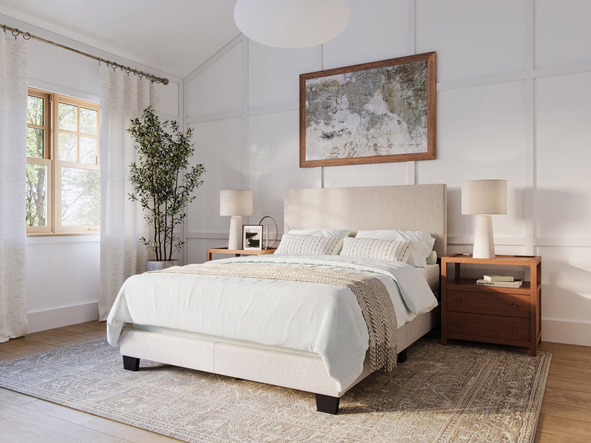 Beige full/double bed with tufted headboard, wooden frame, and modern minimalist design.