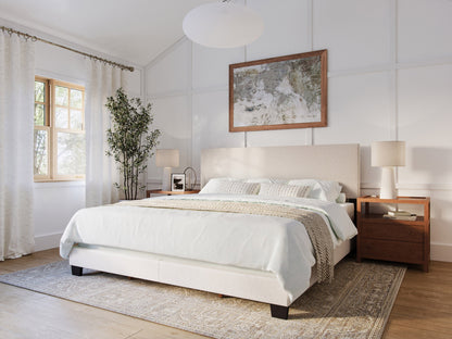 Beige modern king bed with upholstered headboard, wooden frame, and minimalist design.