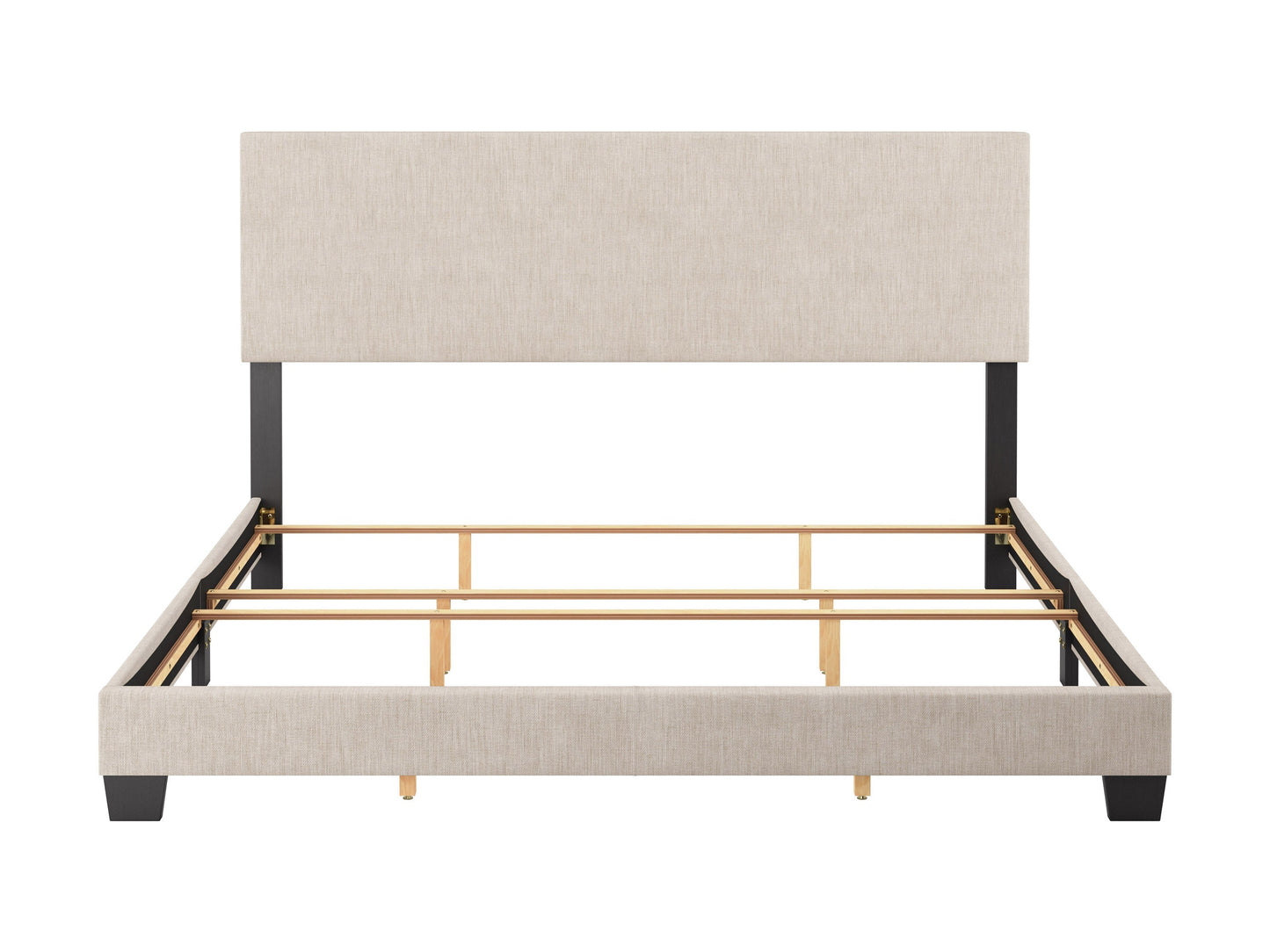 Beige modern king bed with upholstered headboard, wooden frame, and minimalist design.