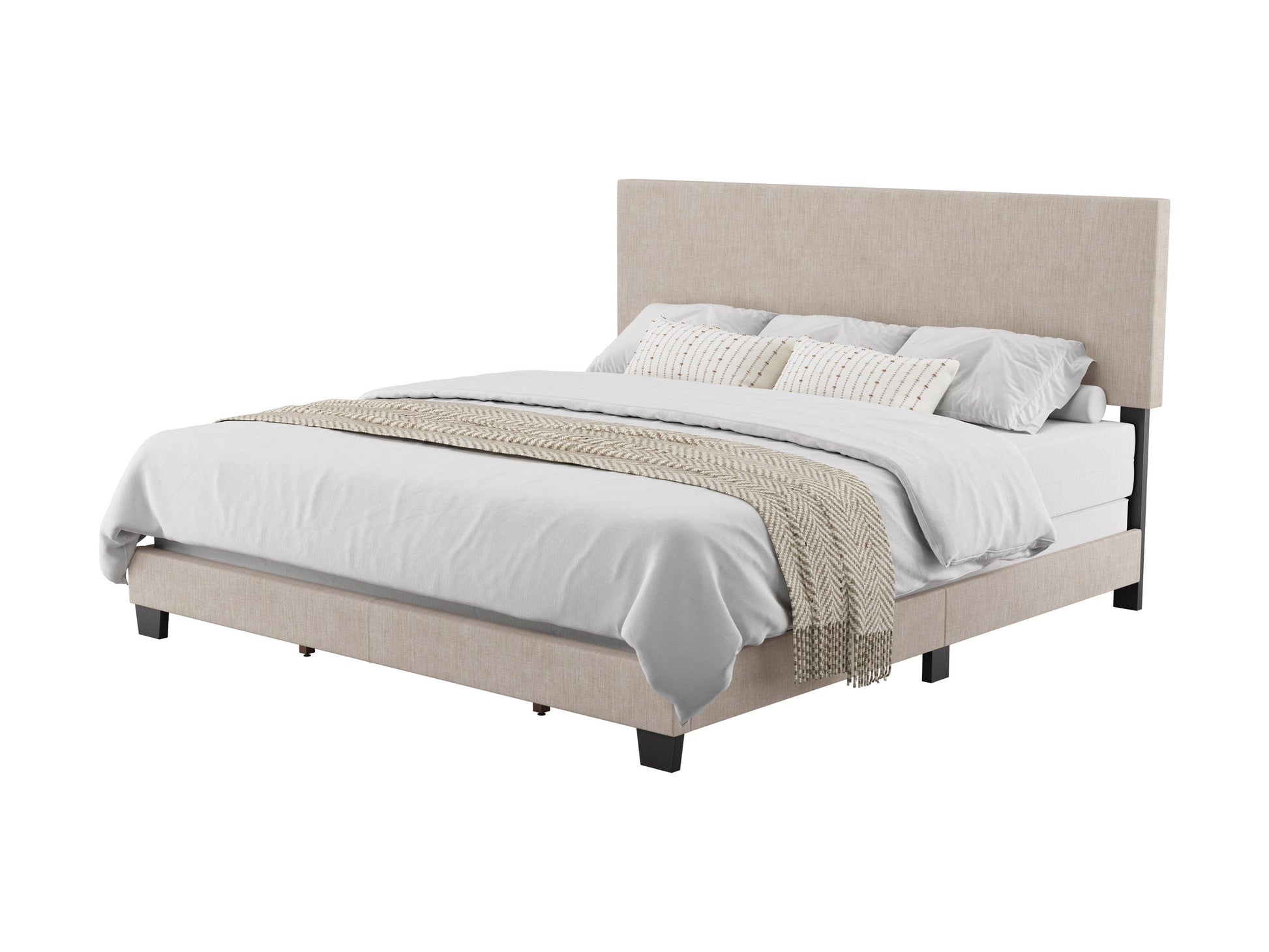 Modern beige king bed with upholstered headboard, wooden frame, and minimalist design.