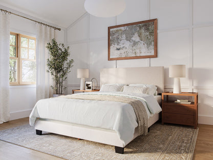 Beige modern queen bed with tufted headboard, wooden legs, and minimalist design.