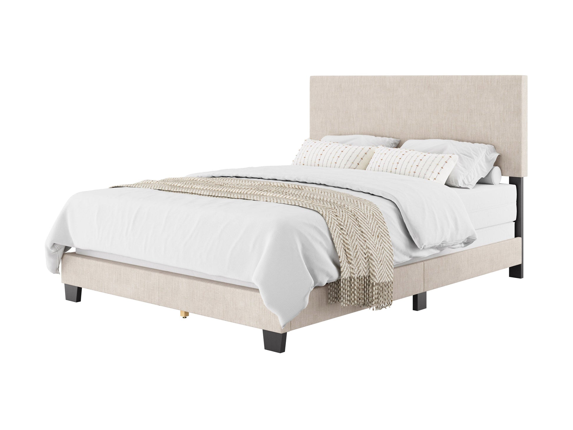 Beige queen bed with upholstered headboard, wooden frame, and minimalist design.