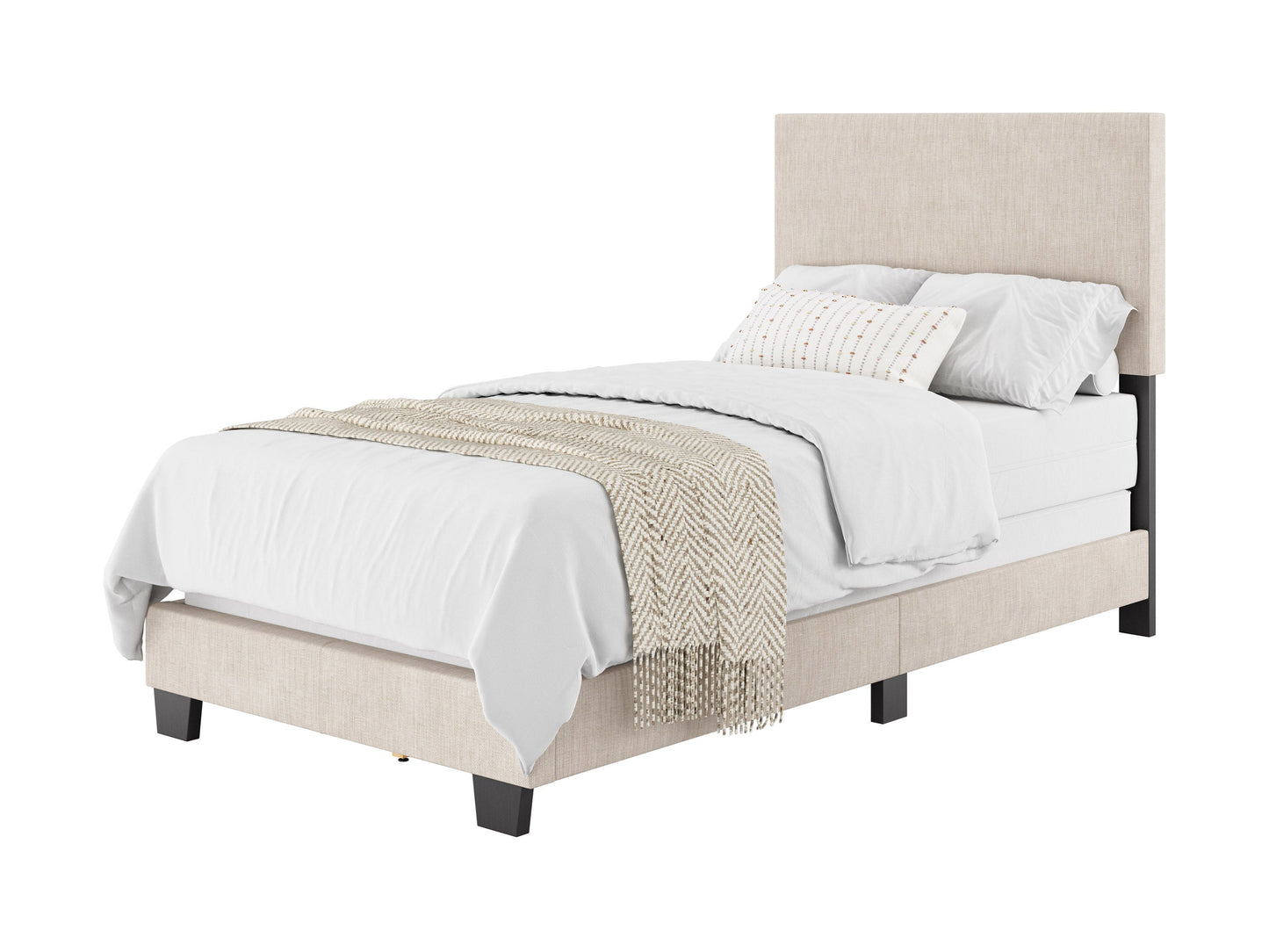 Modern beige twin bed with upholstered headboard, wooden frame, and minimalist design.