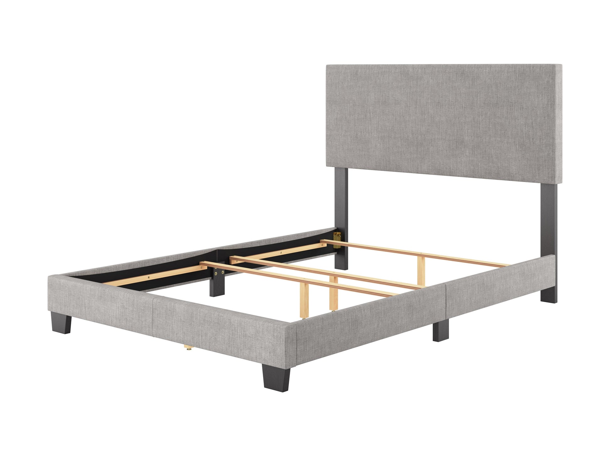 Light grey modern full/double bed with upholstered headboard and wooden frame.