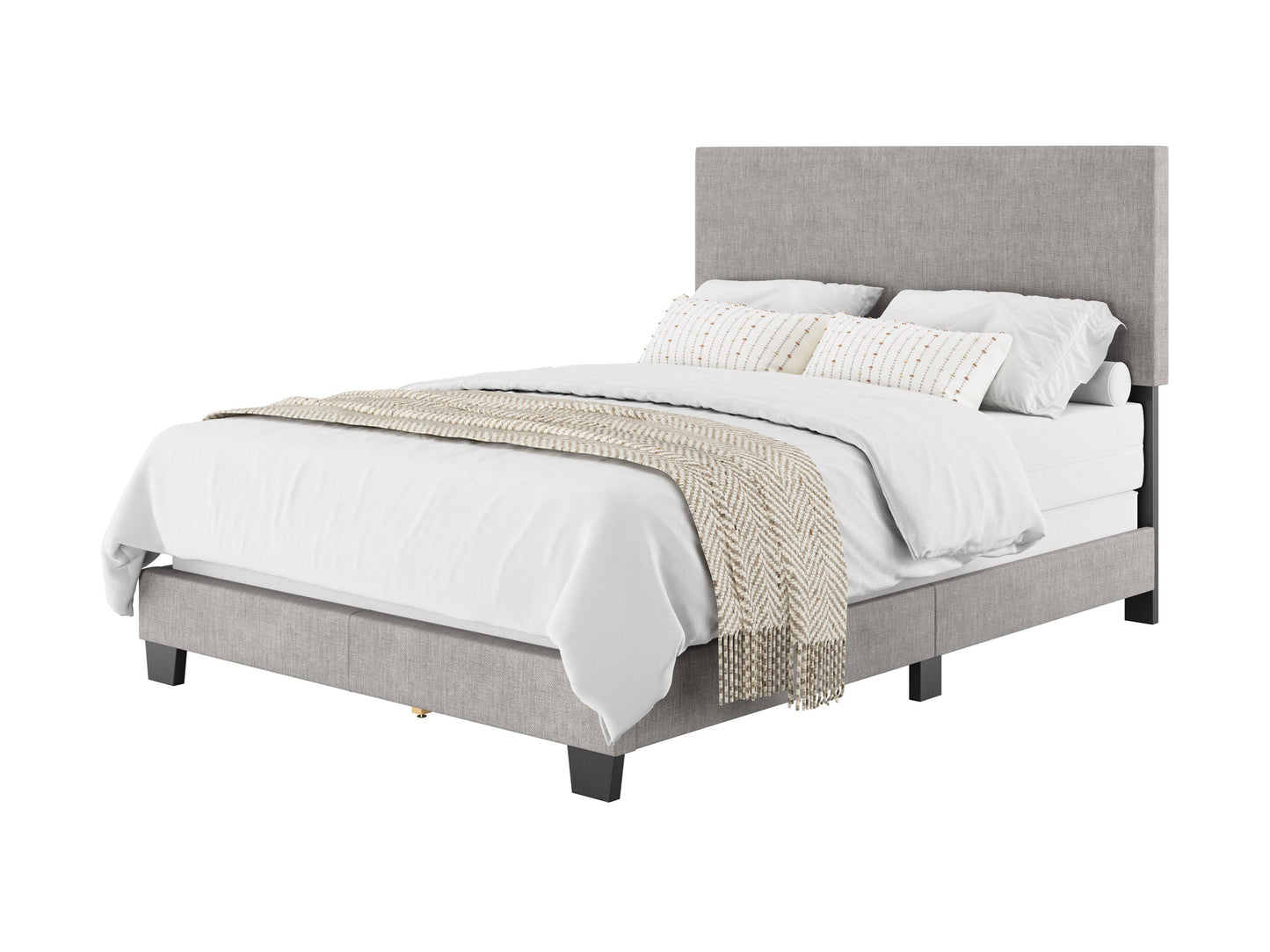 Light grey modern full/double bed with tufted headboard and wooden legs, minimalist design.