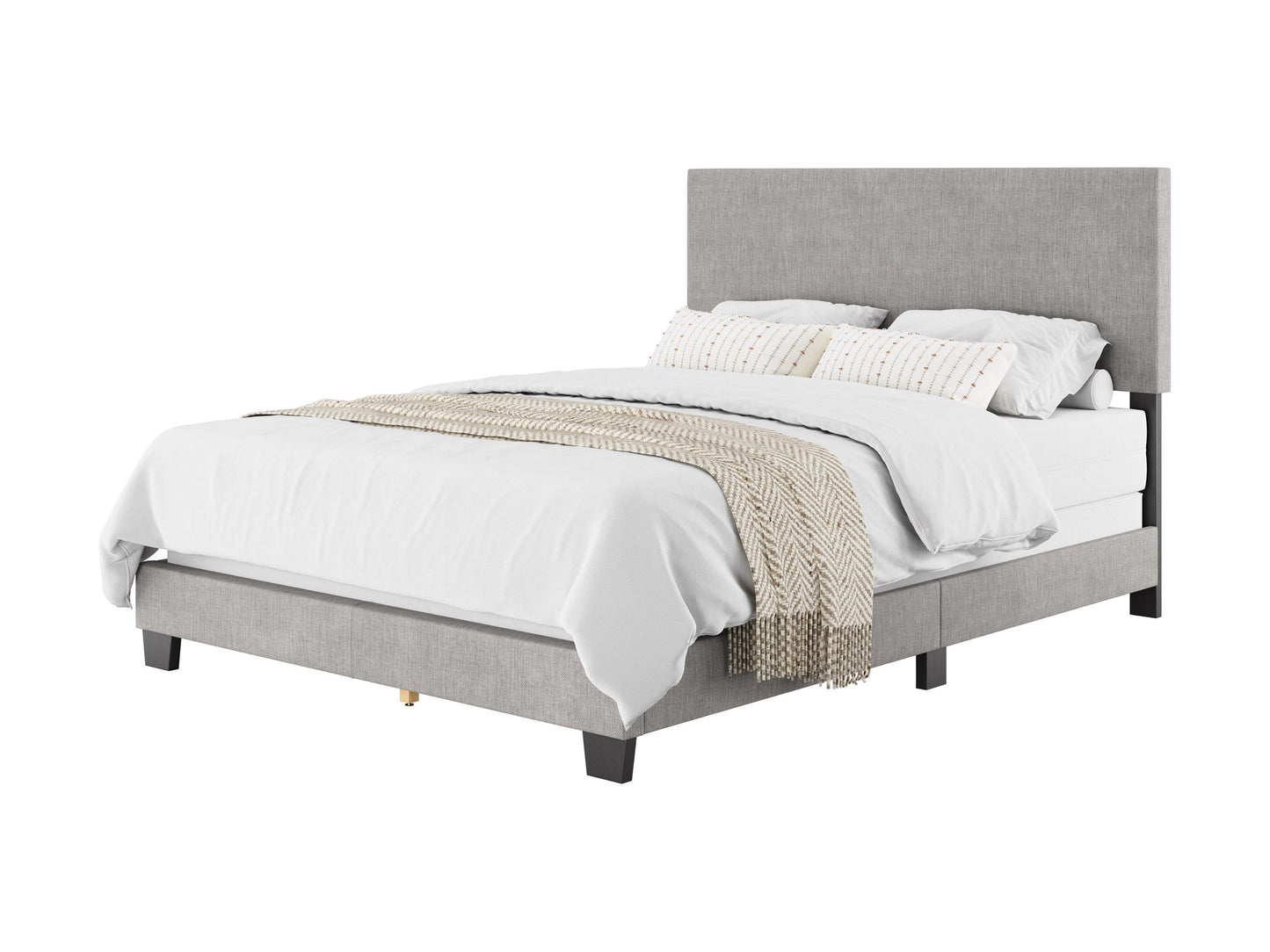 Light grey modern queen bed with tufted headboard and wooden frame.