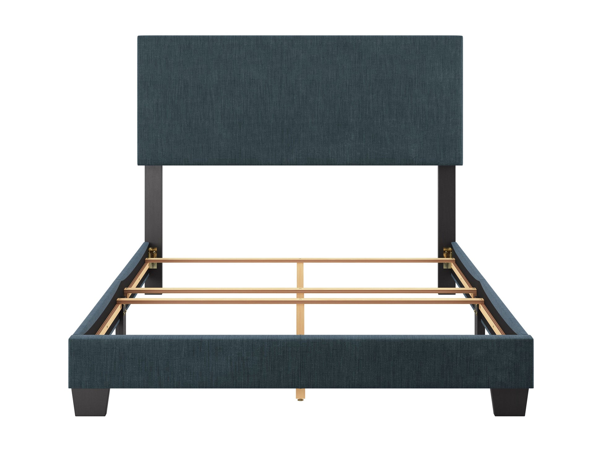 Blue modern full/double bed with tufted headboard, wooden frame, and minimalist design.