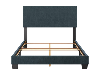 Blue modern full/double bed with tufted headboard, wooden frame, and minimalist design.