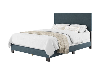 Blue modern queen bed with upholstered headboard, sleek design, and sturdy wooden frame.