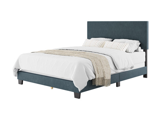 Blue modern queen bed with upholstered headboard, sleek design, and sturdy wooden frame.