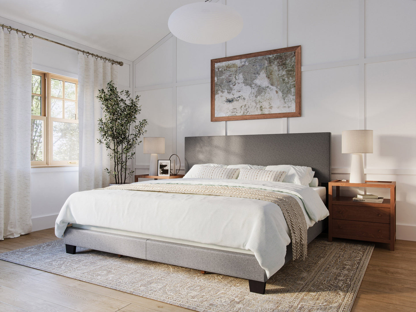 Modern grey king bed with upholstered headboard, wooden legs, and sleek minimalist design.