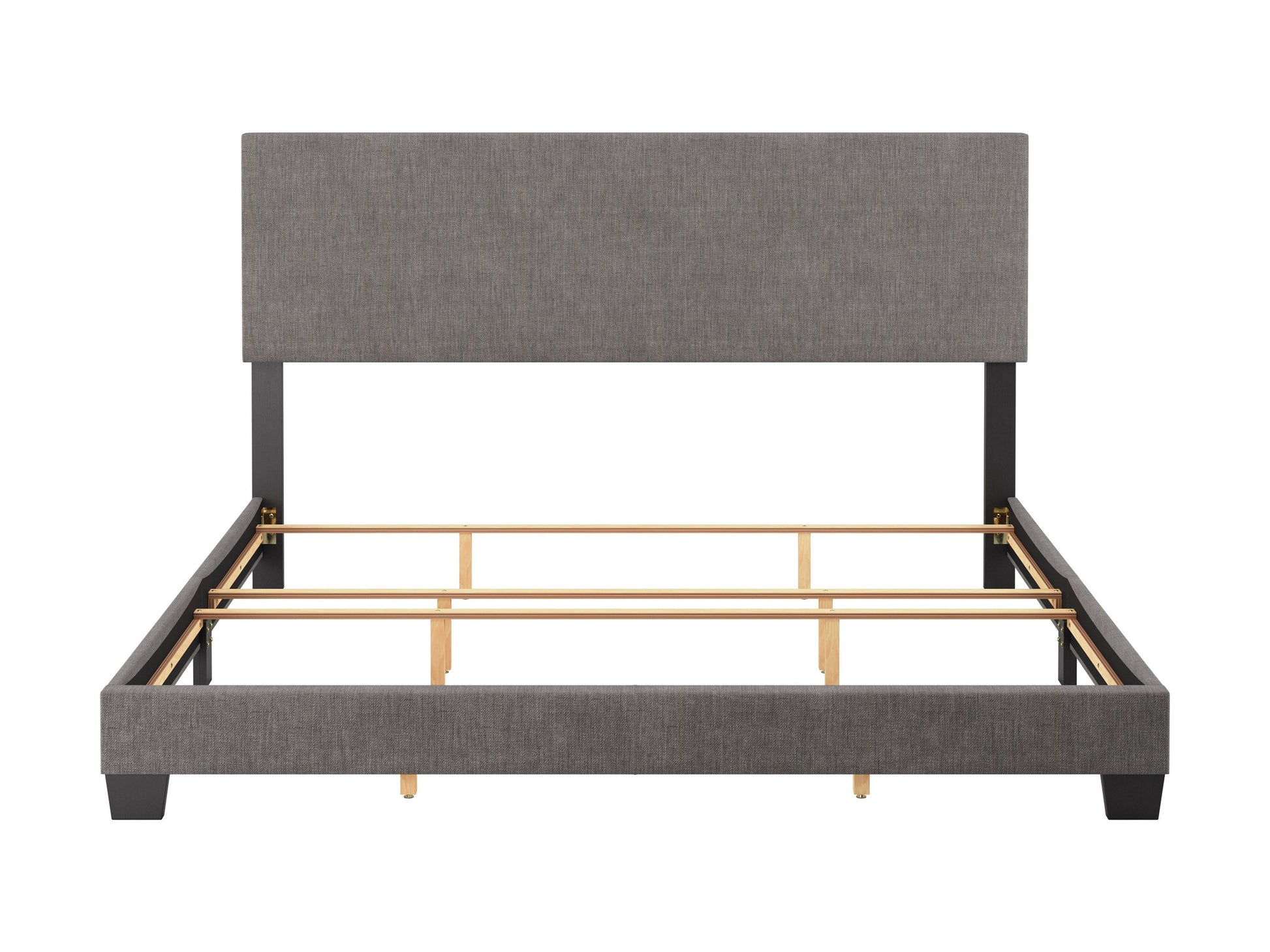 Modern king bed in grey fabric with tufted headboard, wooden frame, and minimalist design.