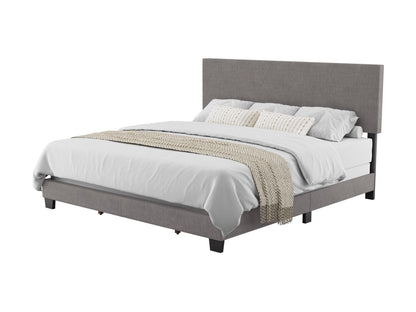 Modern king bed in grey fabric with tufted headboard, wooden frame, and minimalist design