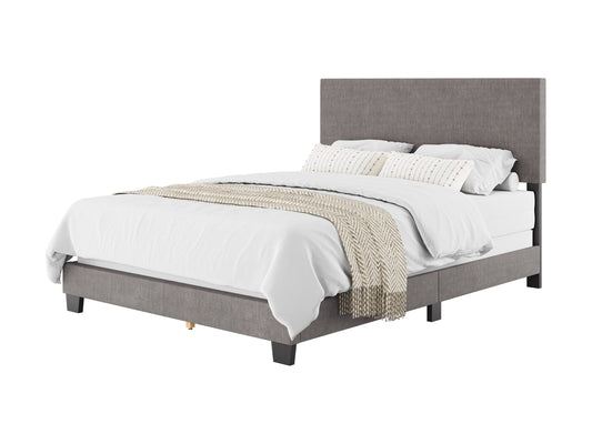 Modern grey queen bed with upholstered headboard, sleek design, and sturdy wooden frame.