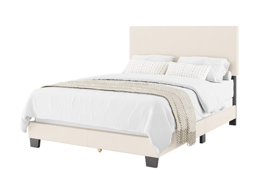 Boucle double/full bed with soft white fabric upholstery, wooden legs, and a minimalist design.