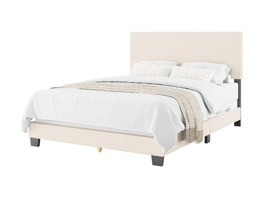 Boucle queen bed with cream fabric upholstery, tufted headboard, and sleek wooden legs.