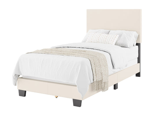 Boucle twin bed with soft white fabric, tufted headboard, and sleek wooden frame for modern bedroom decor.