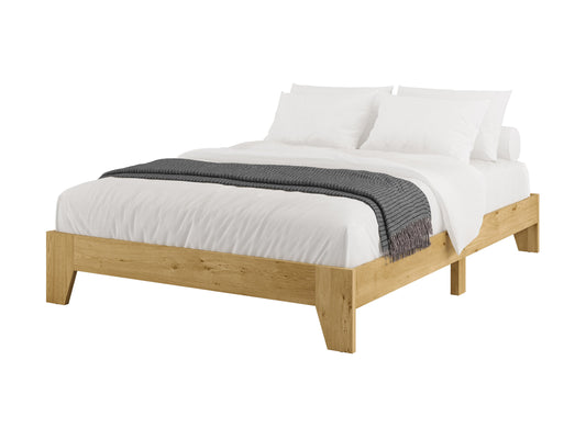 Full double platform bed with grey upholstered headboard, wooden frame, and minimalist design.